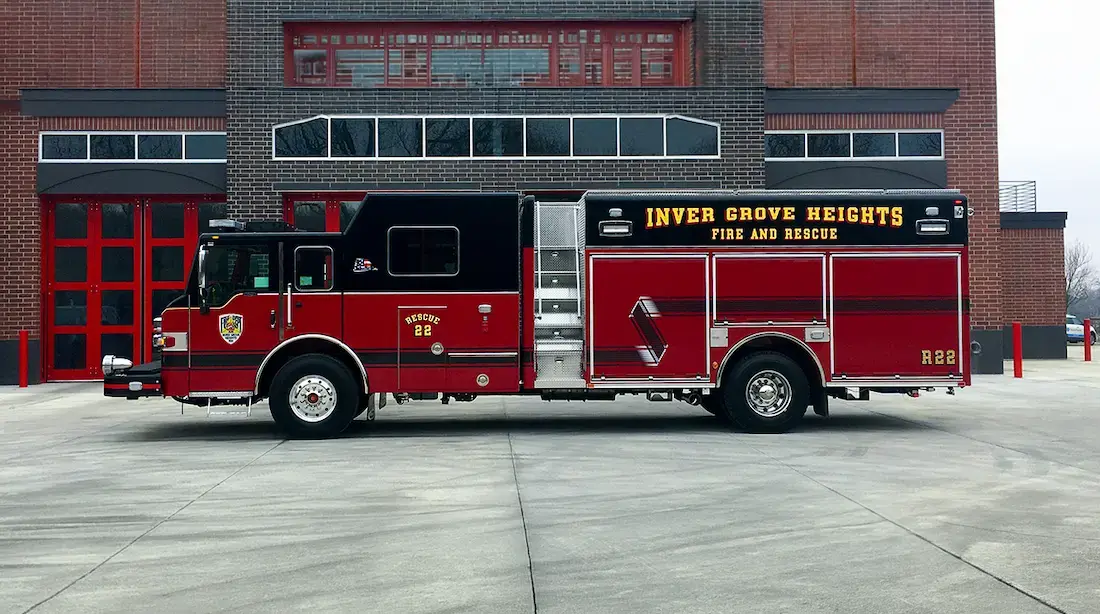 Pierce rescue fire truck with compartments for tools and equipment, designed for emergency response and rescue operations.
